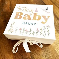 New Baby Shower Yellow Stork Personalised Square Keepsake Memory Hamper Gift Box