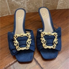 Sam Edelman Women  s Blue Denim Mule Heels Square Toe Slip-On Gold 8