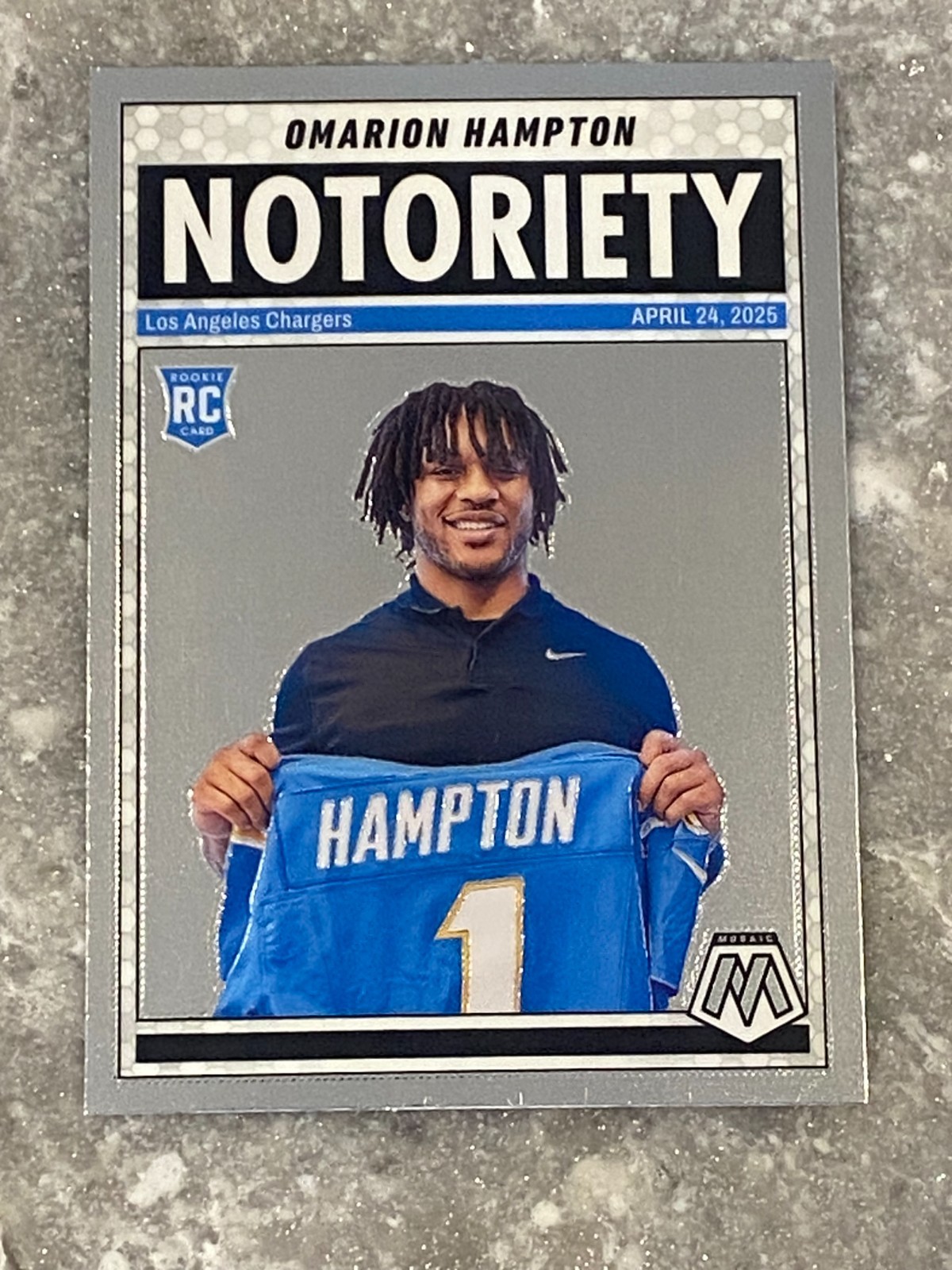 Omarion Hampton 2025 Panini Mosaic Notoriety Insert Rookie RC #20