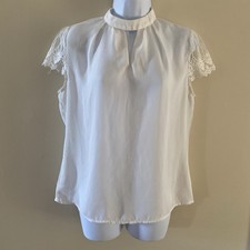 White Blouse Size L Lace Trim Sleeve Mock Neck Keyhole Top Polyester Runs Small