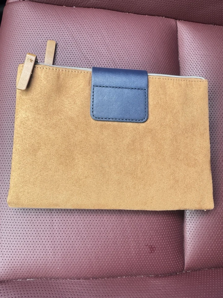 AIR FRANCE Faux Suede Zip Case Brown Amenity Bag Clutch Travel Organizer Makeup  - Image 2 of 4