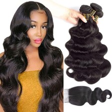 QTHAIR Brazilian Body Wave Hair Bundles with HD Lace Closure 16" 18" 20" 14"