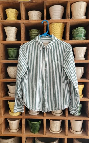 Sezane Paris Women’s Cotton Linen Shirt Green Stripes Size 38