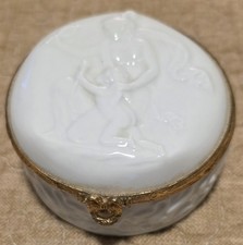 Antique FrenchLimoges White Bisque Porcelain Jewelry Casket  Box Cherubs Goddess