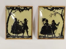 2 Vintage Reverse Silhouette Couple Victorian Bubble Glass 5x4 Framed Colored