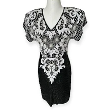 Vintage Carina 80s Beaded Sequined Party Cocktail Mini Dress Black White M Glam 