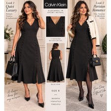 Calvin Klein Black V-Neck Button Detail Sleeveless Midi Dress Size 8