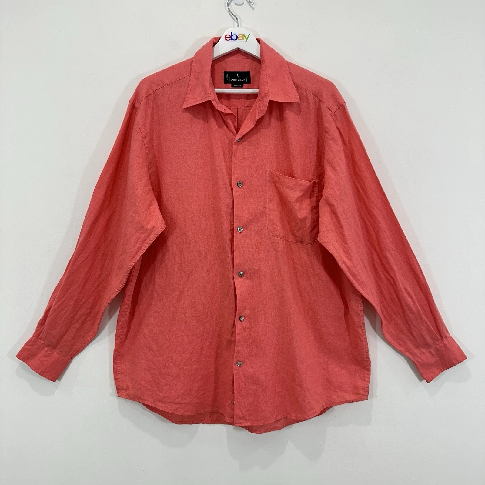 Sportscraft Pure Linen Shirt Men M Relaxed Fit Red Button Up