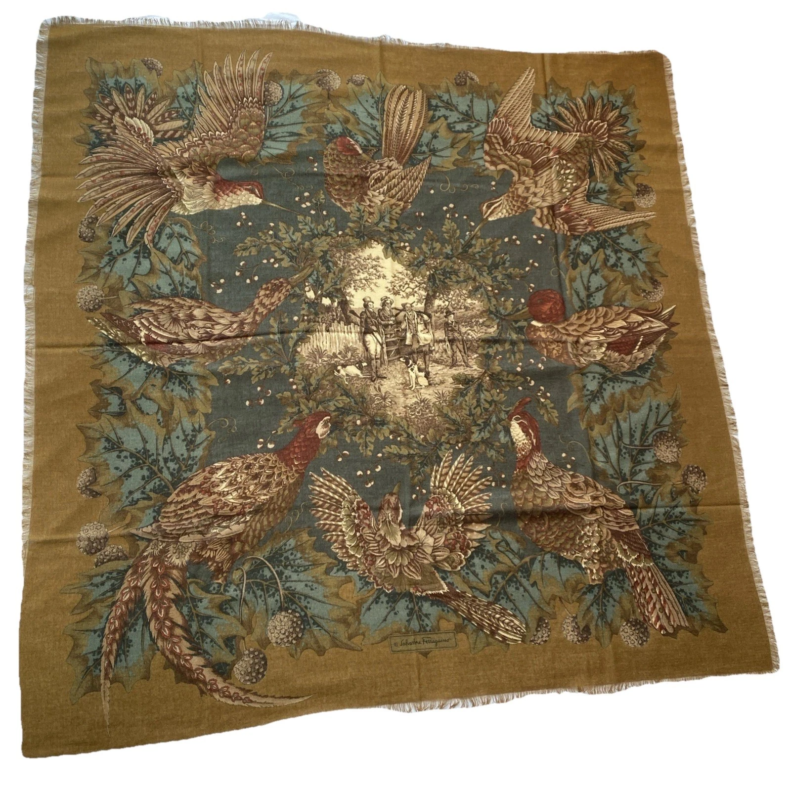 Ferragamo — FERRAGAMO Scarf Wrap Wool Silk Hunting Scene 52” Vintage ~ Magnificent