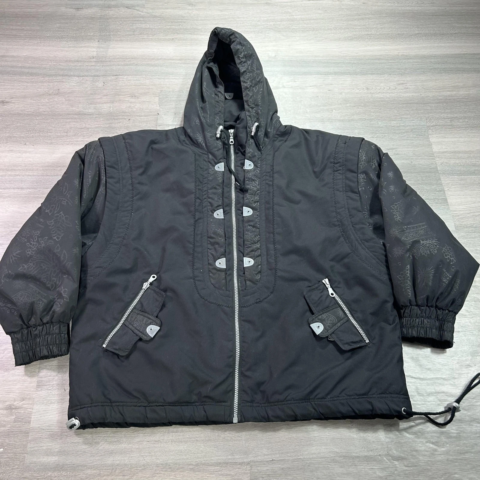 VINTAGE Skitique Jacket Womens Large Black Hooded Ski Puffer Full Zip 80s