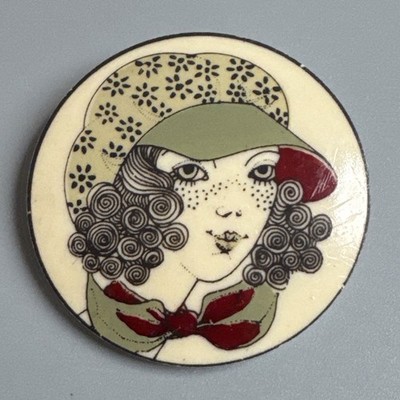 Vtg 70's LEA STEIN Serigraphy Pin -  Curly Hair Lady w/ Cap Color Version French