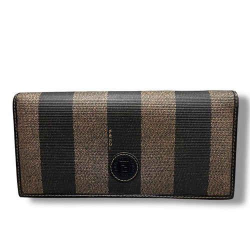 FENDI Long wallet Pecan Leather stripe Brown Authentic From Japan