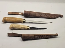J Marttiini Finland Fish Filet Knife & Leather Sheaths Set of 2 (6" & 4")