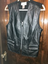 CACHE Vintage Black Leather Vest Fabric Back Women's Size L Silver Zipper Pocket
