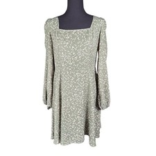 SHEIN Green Leaf Print Square Neck Long Sleeve A‑Line Mini Dress (L)