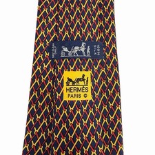 Hermes Men's Tie Geometric "H" Logo Navy/Yellow/Red Silk 7589 SA 3.5" x 57" euc