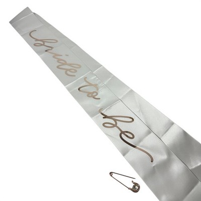 Bride to Be Sash White & Rose Gold Satin w/ Pin   Bridal Shower & Bachelorette