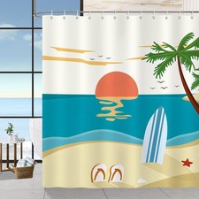 Summer Beach Shower Curtain Yellow Blue Surfboard Coconut Tree 72x72 Inch