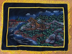 1960’s Black Velvet Tropical Tiger Scene Pillow Cover w Fringe Fluorescent Color