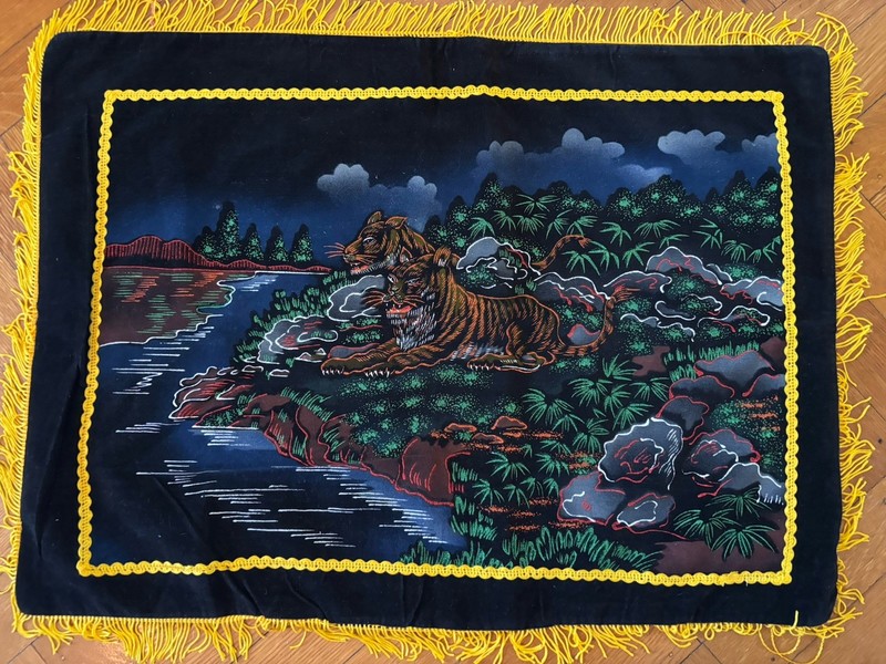 1960’s Black Velvet Tropical Tiger Scene Pillow Cover w Fringe Fluorescent Color