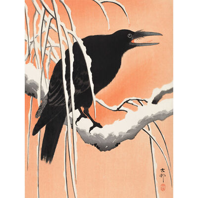 Krähe verschneiter Zweig Ohara Koson großer Wandbilddruck Leinwand Premium Poster
