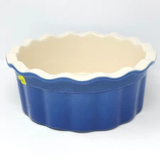 Emile Henry France  8" Ruffled Edge Baking Soufflé Dish Fluted Blue 6168 GG8