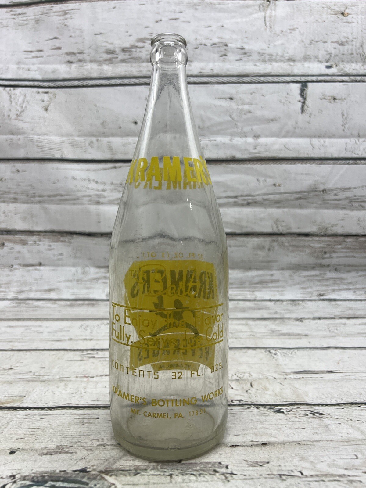 VTG Kramer's Beverages Mt. Carmel PA "The Best" Quart Soda Bottle Pennsylvania