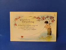 Antique VALENTINE GREETING Postcard Cherub Stump Fishing For Your Heart Flowers