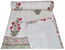 Indian hand Block king Size Floral kantha Quilt Blanket Cotton Bedspread Throw