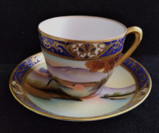 Meito China Hand Painted Japan Teacup Saucer Set Landscape Painting Gold Blue