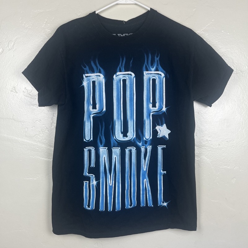 POP SMOKE HOMAGE T SHIRT Medium  Black Blue OFFICIAL LICENSE  Stars And Flame