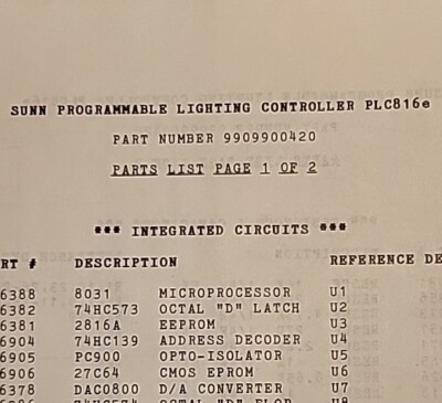 Part List Wiring Diagram Schematic SUNN Programmable Lighting Controller PLC816e