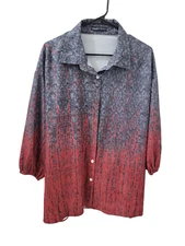 C.O.Z.Y. Button Up Blouse Gray Red  3/4 Sleeves Elastic Trim Womens Size XXL