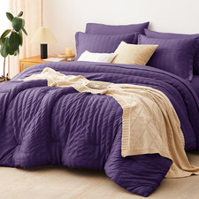 Queen Comforter Set Purple, 7 Pieces Seersucker Textured Luxury Bed in a Bag Que