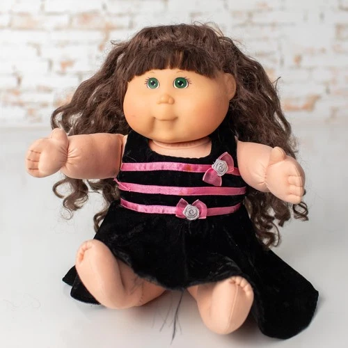 New ListingCabbage Patch Kids Doll 2001 Brown Hair Green Eyes Black Pink Dress Vintage Toy