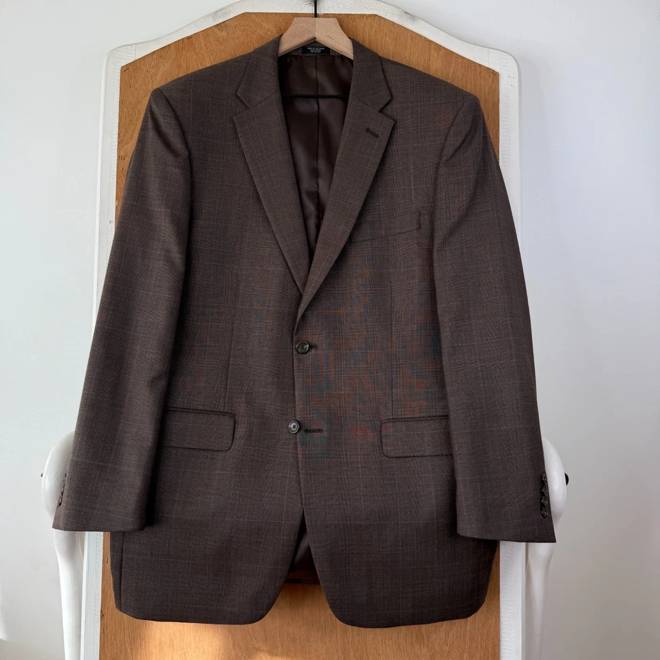 Jones New York Suit Mens 42L Brown Glen Check 2 Button 100% Wool Pants 34x30 - Image 2 of 4
