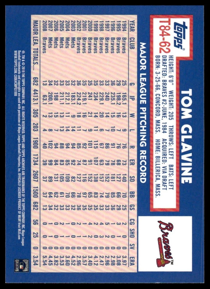 2019 Topps #T84-62 Tom Glavine 1984 Topps Baseball 35th Anniversary - Image 2 of 2