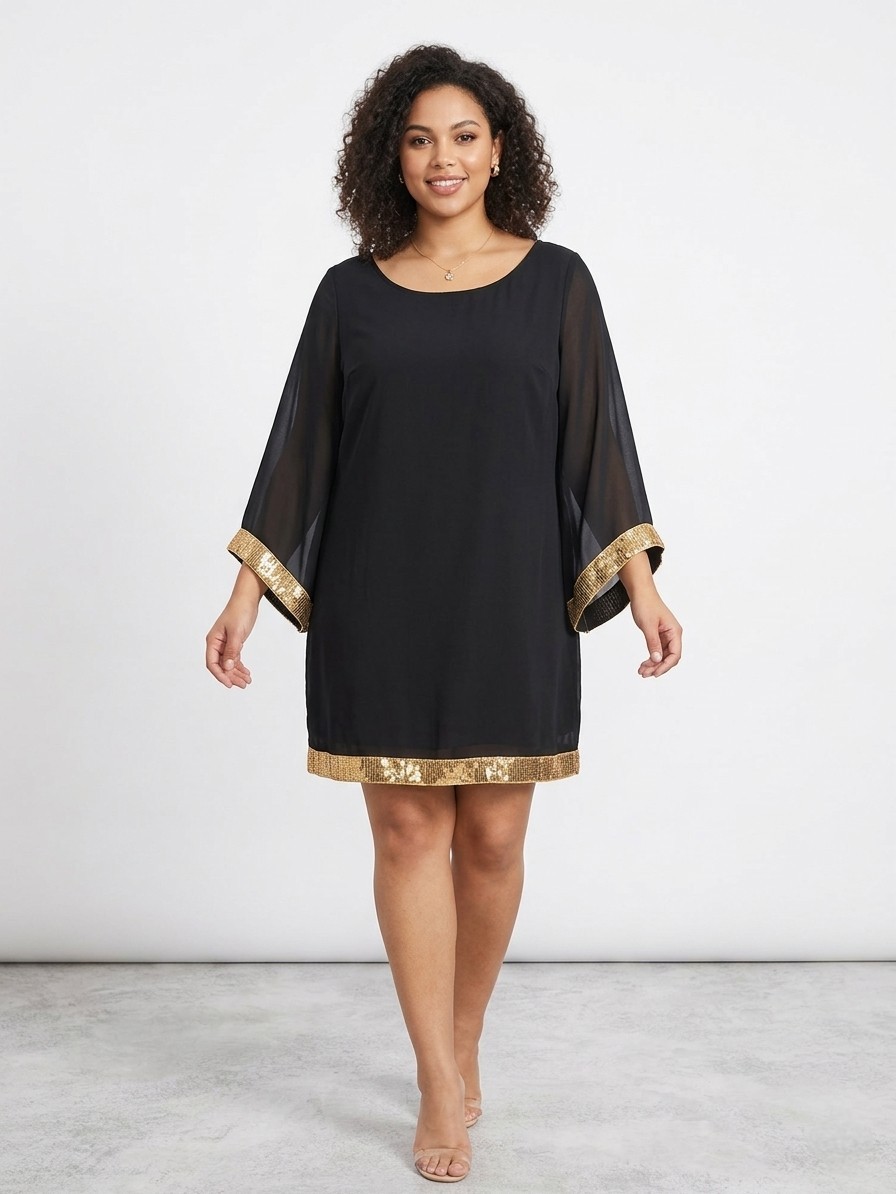 party shift dress with sleeves Clocolor Black Shift Dress XL Gold Sequin Chiffon Bell Sleeve Cocktail Party