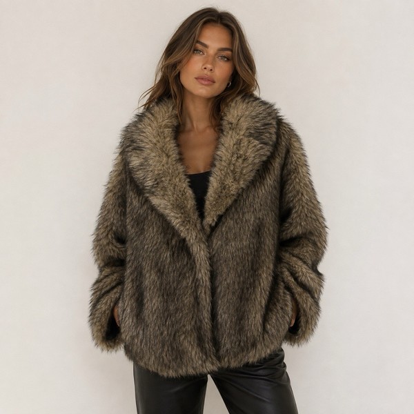 QED LDN Womens Grey/Brown Solid Faux Fur Short Lined Hook & Eye Coat Size M