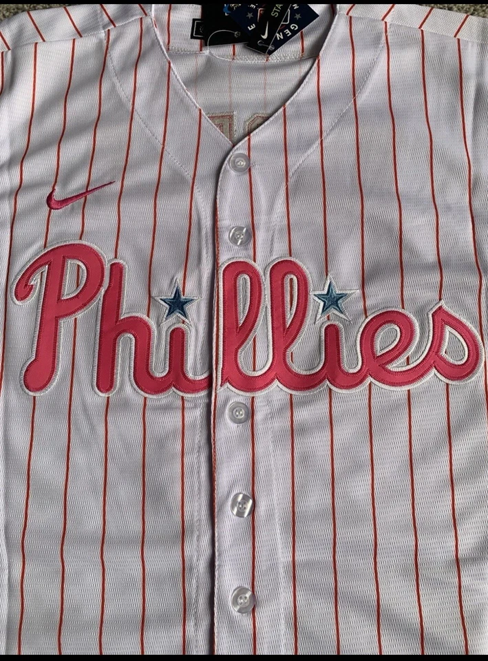 NWT Women’s Ladies Nike Bryce Harper Phillies Home Pink Pinstripe Jersey 2XL - Image 3 of 4