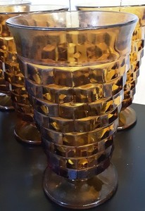Vintage 5 Indiana Glass 6" Amber Cubist Footed Drinking Glasses