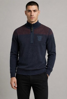 PME Legend Herren Strickpullover Half-Zip 1/4 Reißverschluss Blau/Rot Gr. 2XL