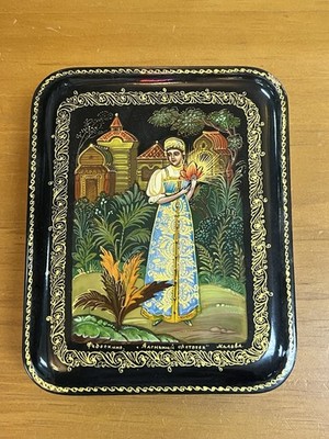 Russian Hand Made Lacquer Box Vintage Lady With Flower