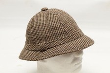 VTG Tweed Ghillie Hat Mens M Brown Beige Check Wool Flapless Deerstalker USA