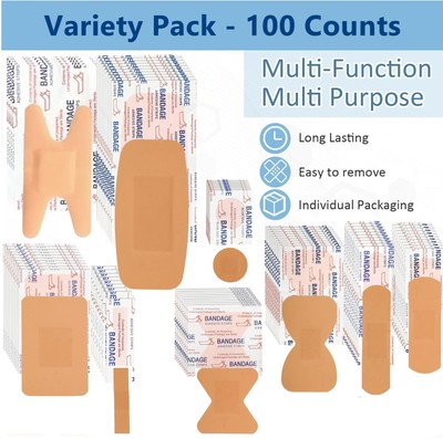 First Aid Quality Adhesive Bandages Variety Pack 100 Assorted Bandages
