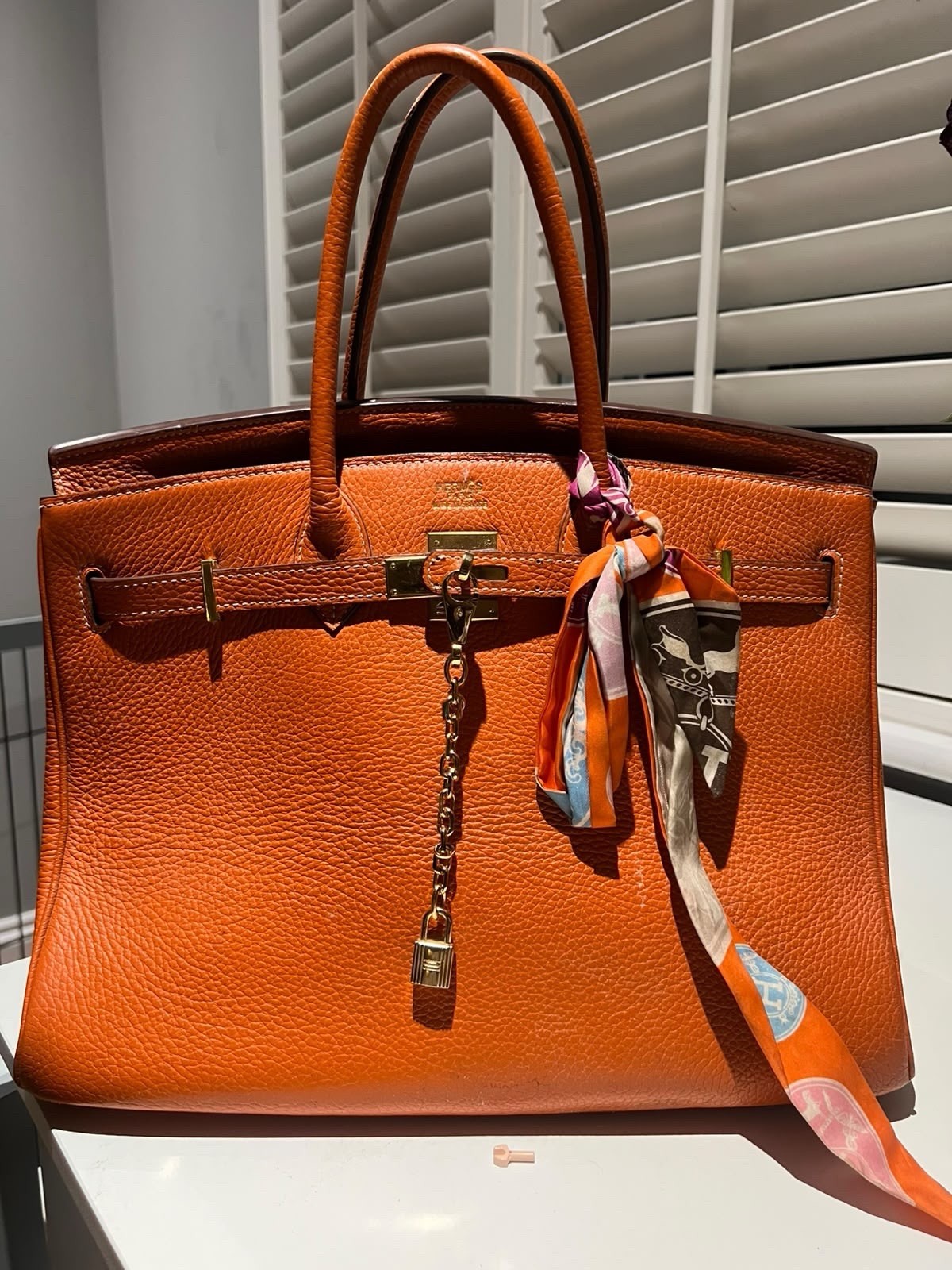 Hermès Birkin 35 Orange Pebbled Leather Tote Gold Hardware Padlock Twilly image 3