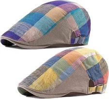 2 Pack Men's Newsboy Flat Cap Adjustable Plaid Ivy Gatsby Cabbie Driving Golf...