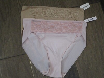 2-PACK SOMA VANISHING EDGE W/ LACE HIPSTER PANTIES IN TAN/ ROSE SIZE XL