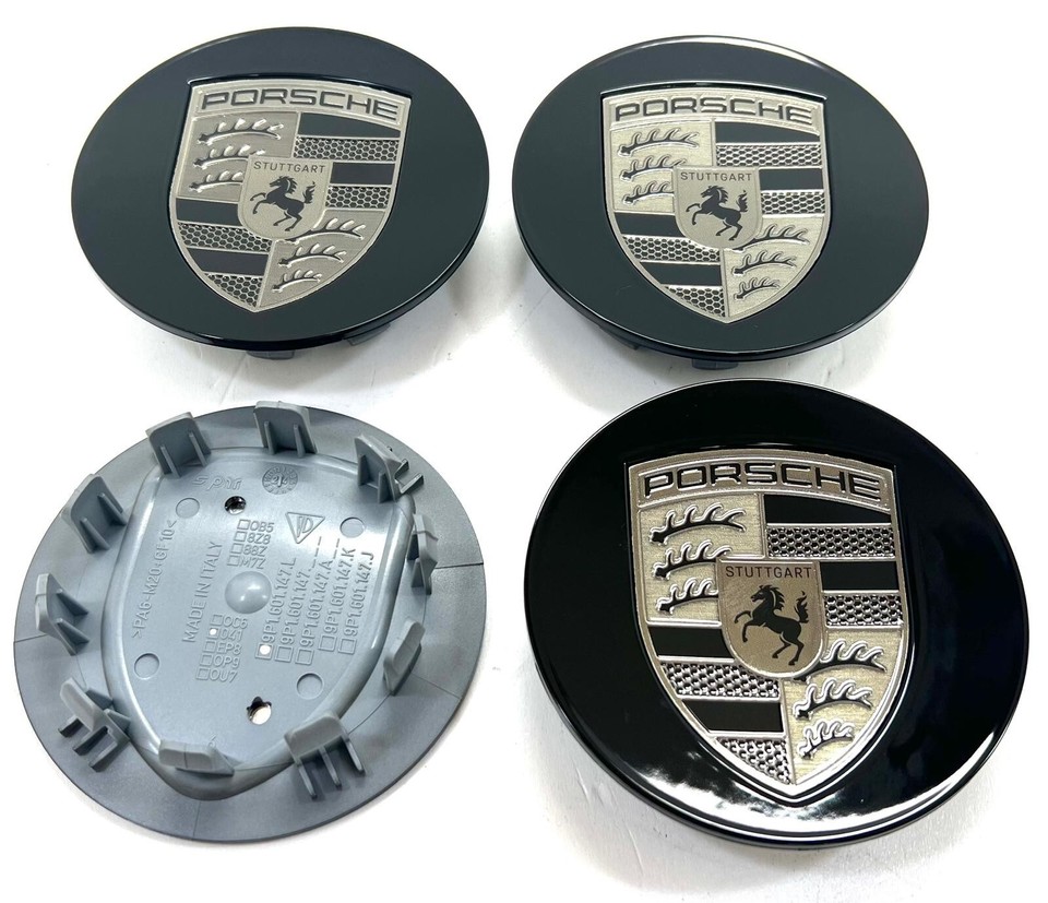 Porsche Alloy Wheel Centre Caps Gloss Black Turbonite Crest Genuine