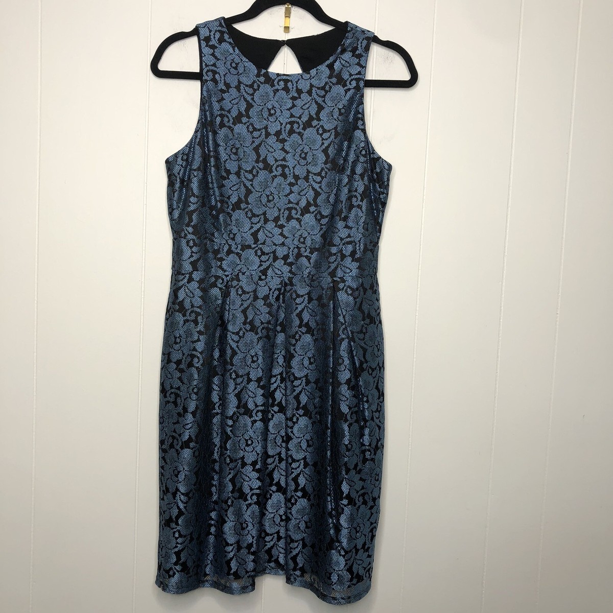 Eliza J Sheath Dress Women's Size 8 Black Blue Lace Open Back Lined  Sleeveless